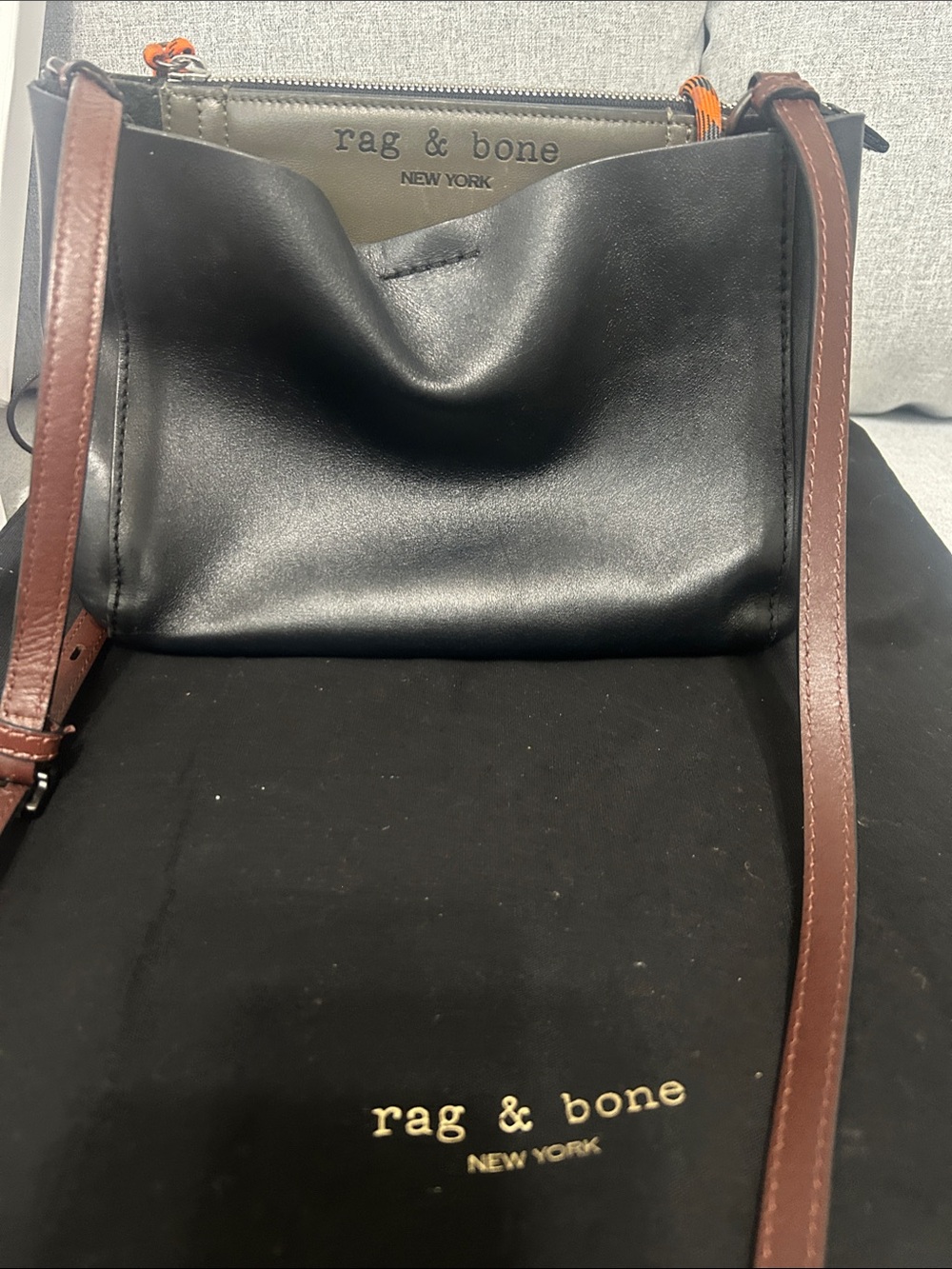 rag & bone Black Leather Crossbody with Brown Strap and Gold Logo